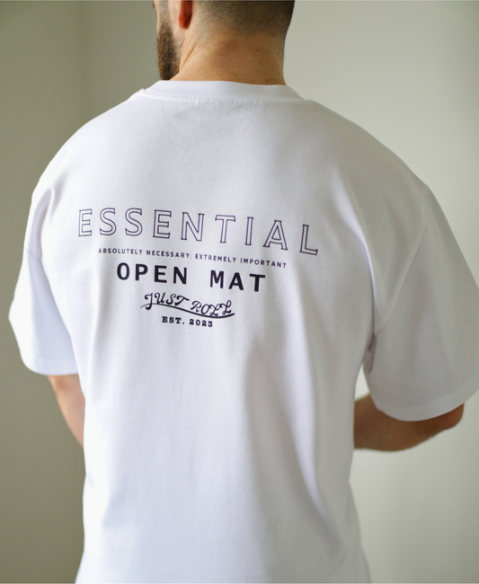 Open Mat Essential white t-shirt with Just Roll Threads logo on front. Brazilian JiuJitsu Mens/Womens/Unisex t-shirt. Bjj. perfect for Brazilian Jiu-Jitsu (BJJ) training, competitions, and casual wear.