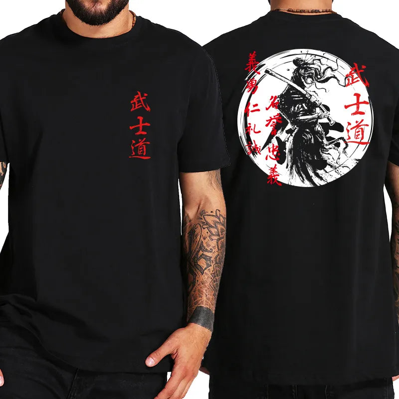 Female Samurai print, red lettering on the front chest. Mens Black t-shirt