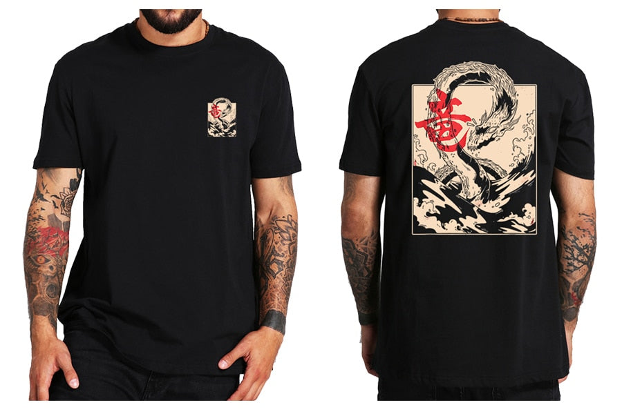 Japanese Dragon Crashing Waves - Mens black t-shirt