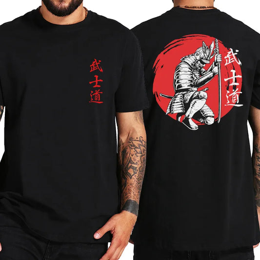 Kneeling Samurai in traditional armor, red lettering on the chest. Men's black t-shirt.