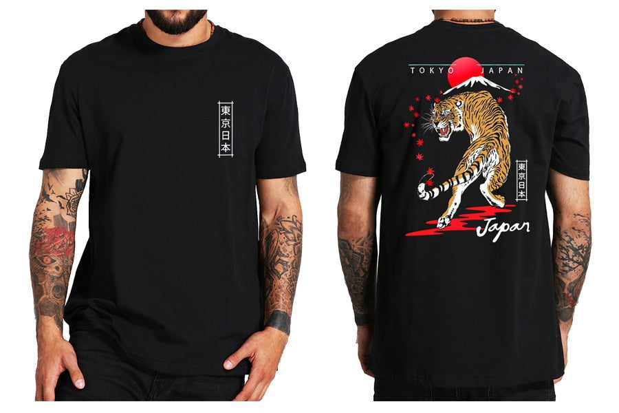 Traditional Japanese tiger print, featuring red sun, mountain and falling red flowers. Men's black t-shirt.