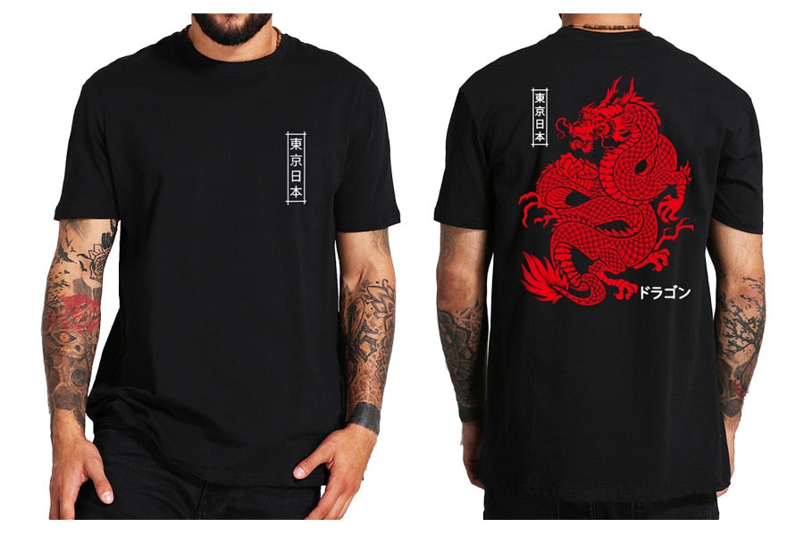 Classic Japanese red dragon print -Mens Black t-shirt