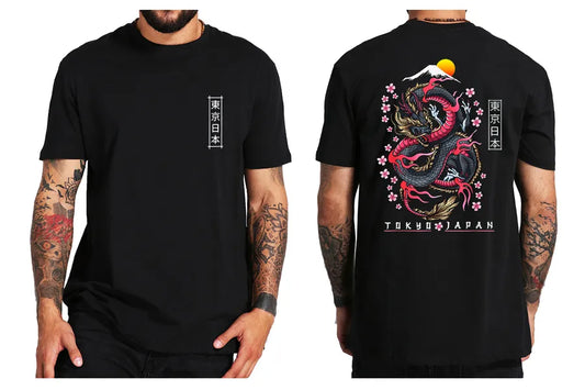 Pink Japanese dragon, rising sun over mountain and cheery blossoms. Men's black t-shirt.