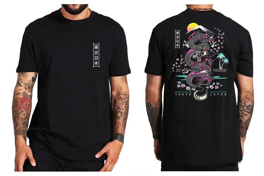 Dragon & Cherry Blossoms - Mens Black t-shirt