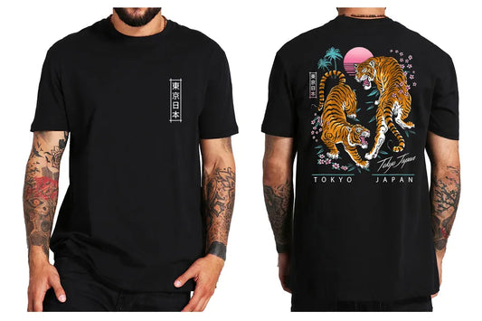 Traditional Japanese fighting tigers, cherry blossoms and palm trees. Men's black t-shirt.