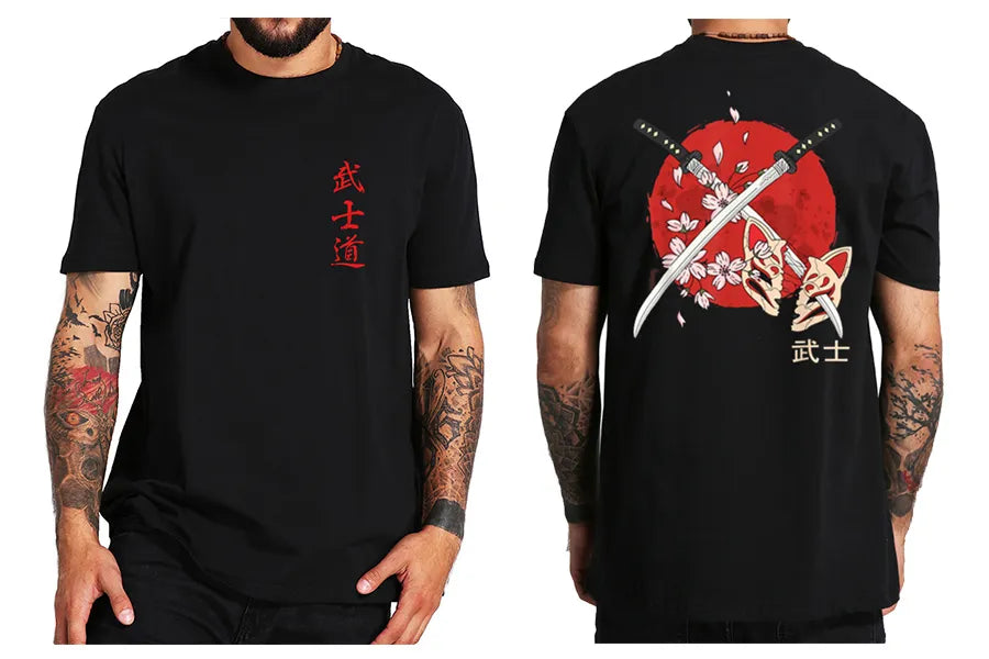 Samurai swords and cherry blossoms with a broken mask. Red lettering on the chest. Men's black t-shirt.